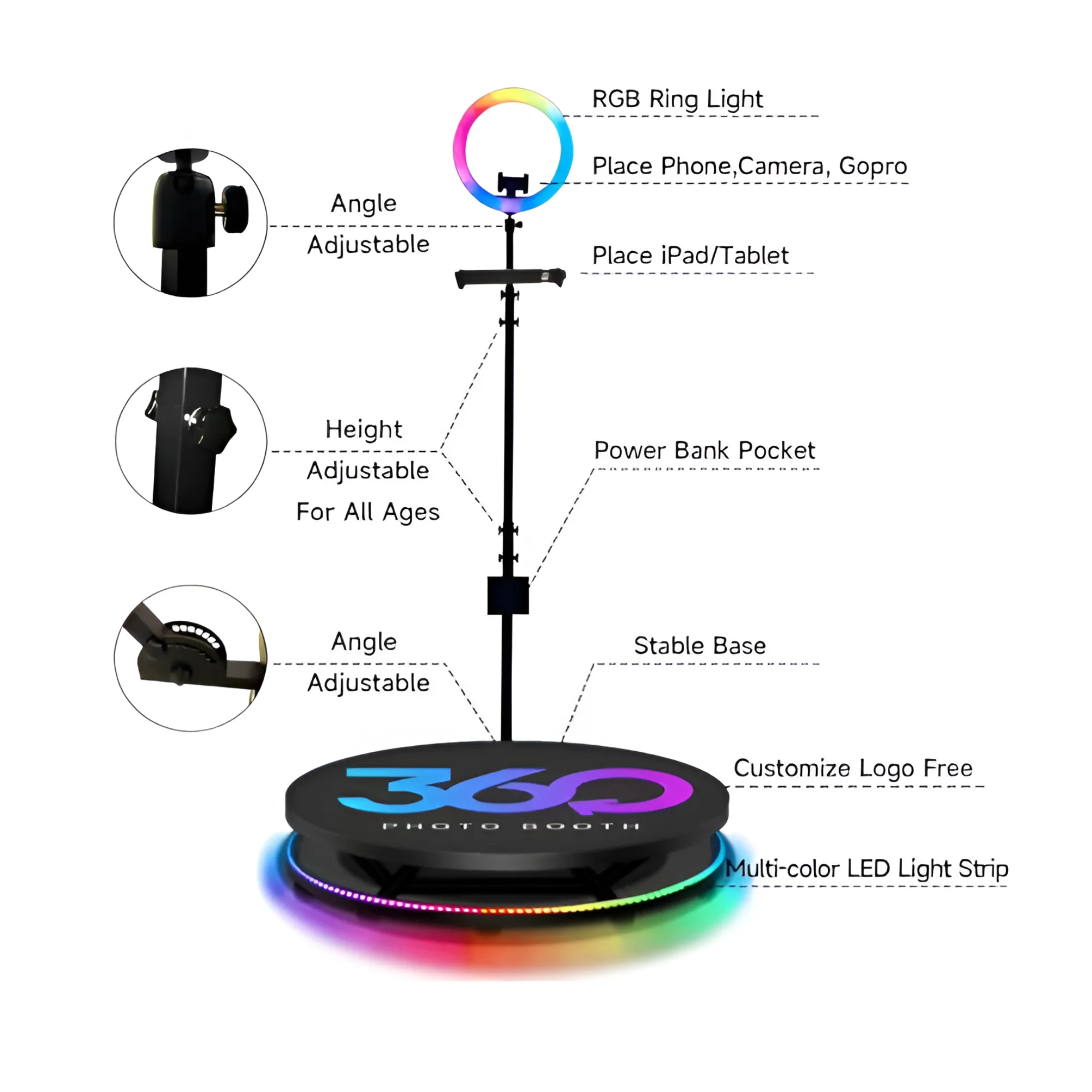 100 cm 360-Degree Photo Booth RGB - Slow Motion Rotating Selfie Platform