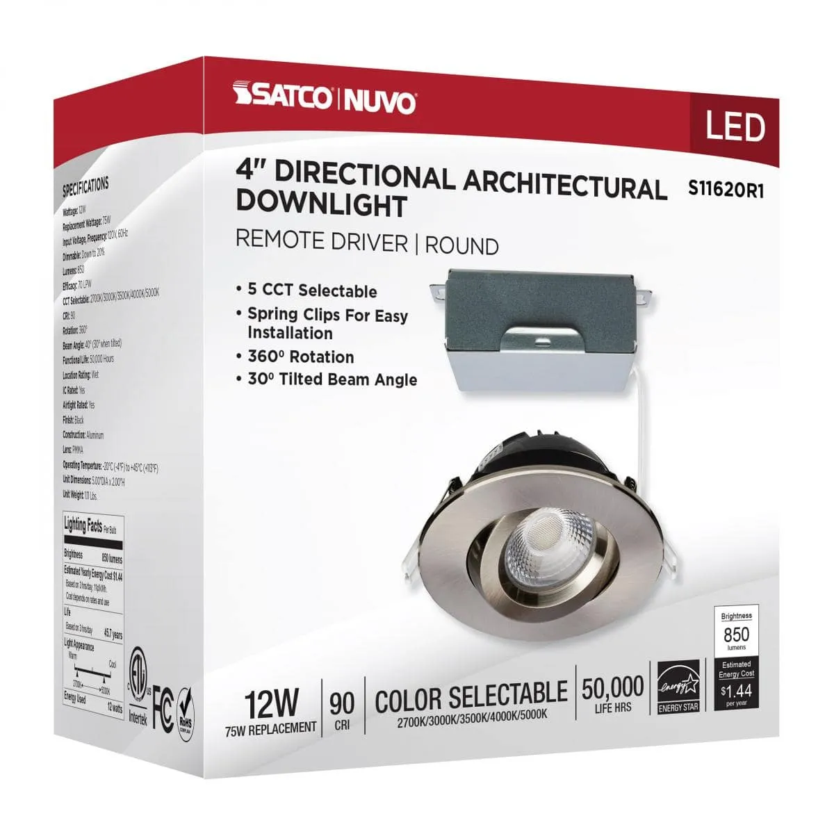 12 Watt LED Downlight; Gimbaled; 4 Inch; CCT Selectable; Brushed Nickel Finish; 850 Lumens