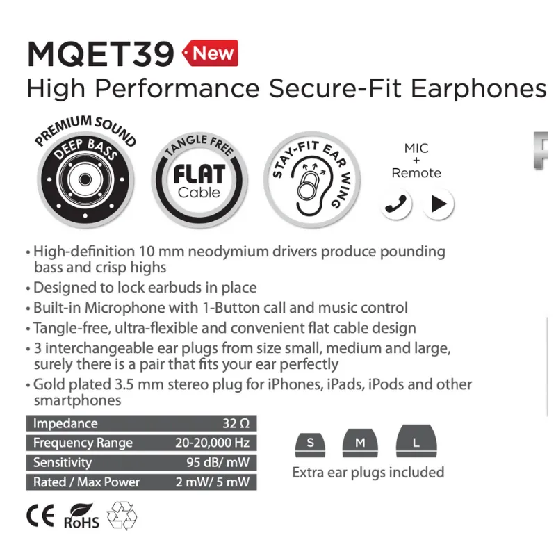 Aero Fones 入耳式贴合带麦耳机 MQET39 High Performance Secure-Fit Earbuds w/Mic