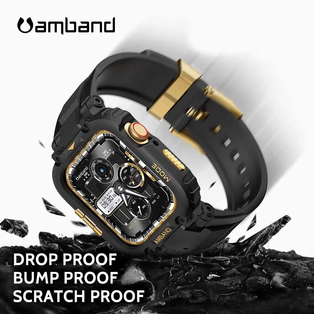 amBand Bands Compatible with Apple Watch 9/8/7 41mm, M1 Sport Series Rugged Case with TPU Strap Military Protective Tough Cover Bumper for iWatch 6/SE/5/4/3/2 40mm 38mm Men Black Gold