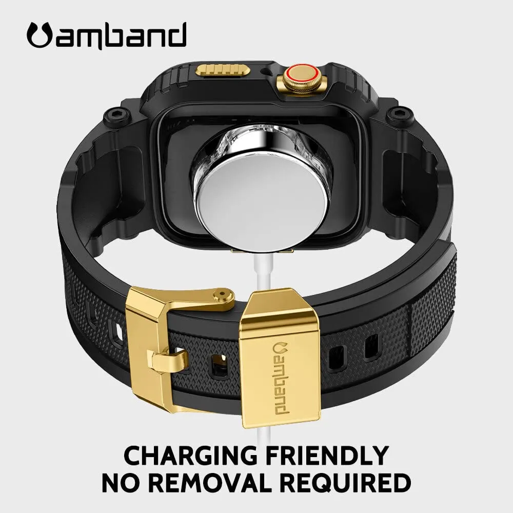 amBand Bands Compatible with Apple Watch 9/8/7 41mm, M1 Sport Series Rugged Case with TPU Strap Military Protective Tough Cover Bumper for iWatch 6/SE/5/4/3/2 40mm 38mm Men Black Gold