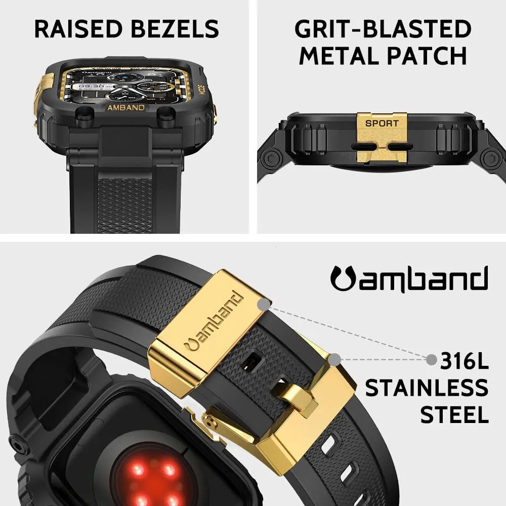 amBand Bands Compatible with Apple Watch 9/8/7 41mm, M1 Sport Series Rugged Case with TPU Strap Military Protective Tough Cover Bumper for iWatch 6/SE/5/4/3/2 40mm 38mm Men Black Gold