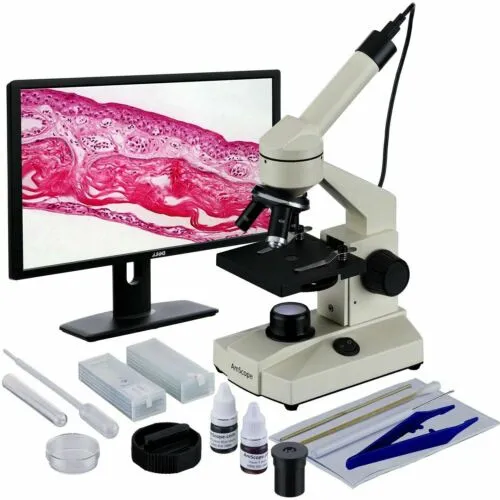 AmScope M100 Series Monocular Head LED Compound Microscope 40X-1000X Magnification With 360-Degree Rotating, USB Camera and Slide Preparation Kit