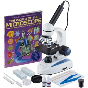 AmScope M158 Series Student Cordless Monocular Compound Microscope 40X-1000X Magnification with Bottom Light, USB Digital Camera, Slide Preparation Kit and Book