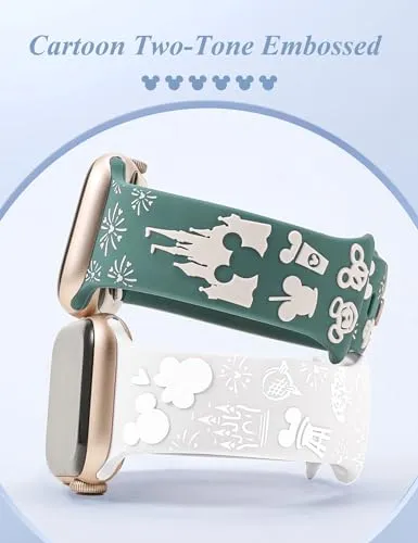 BEEXI 2 Packs Cartoon 3D Raised Band Compatible with Apple Watch Band 41/40/38mm Women Two-Tone Cute Silicone Strap for iWatch SE Series 9/8/7/6/5/4/3/2/1/Ultra(1/2) Green White/White White