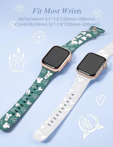 BEEXI 2 Packs Cartoon 3D Raised Band Compatible with Apple Watch Band 41/40/38mm Women Two-Tone Cute Silicone Strap for iWatch SE Series 9/8/7/6/5/4/3/2/1/Ultra(1/2) Green White/White White