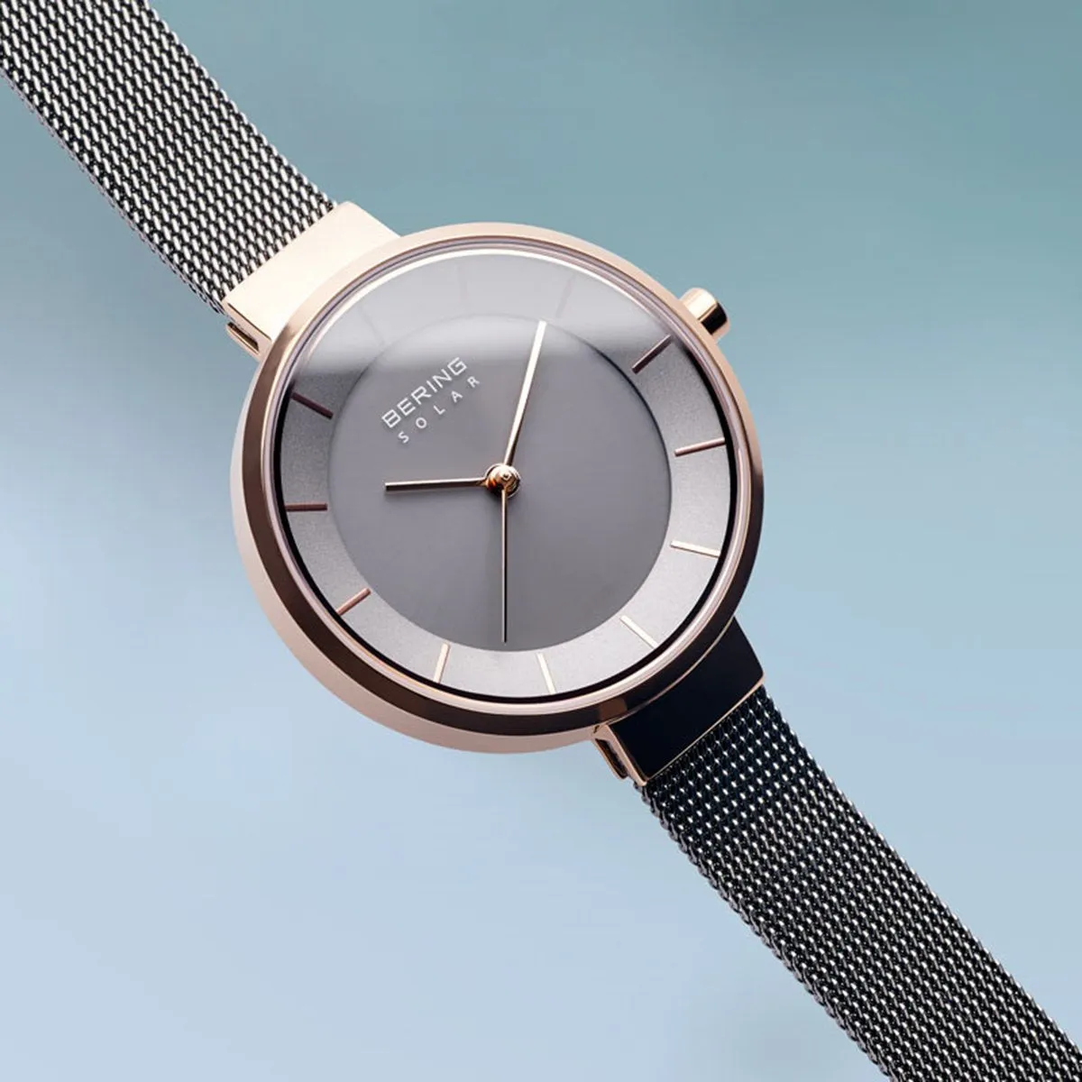 Bering Slim Solar Polished Rose Gold Grey Mesh Watch