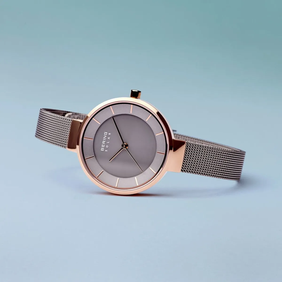 Bering Slim Solar Polished Rose Gold Grey Mesh Watch