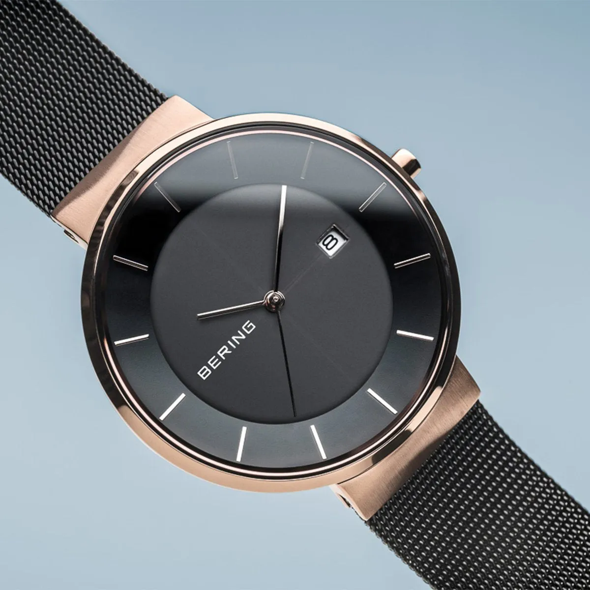 Bering Solar Polised Rose Gold Black Mesh Watch