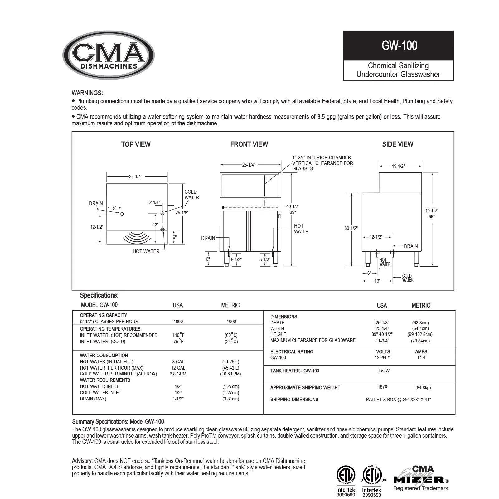 CMA Low Temp Under Counter Glasswasher with 1.25 kW Electric Tank Heater & Circular Conveyor