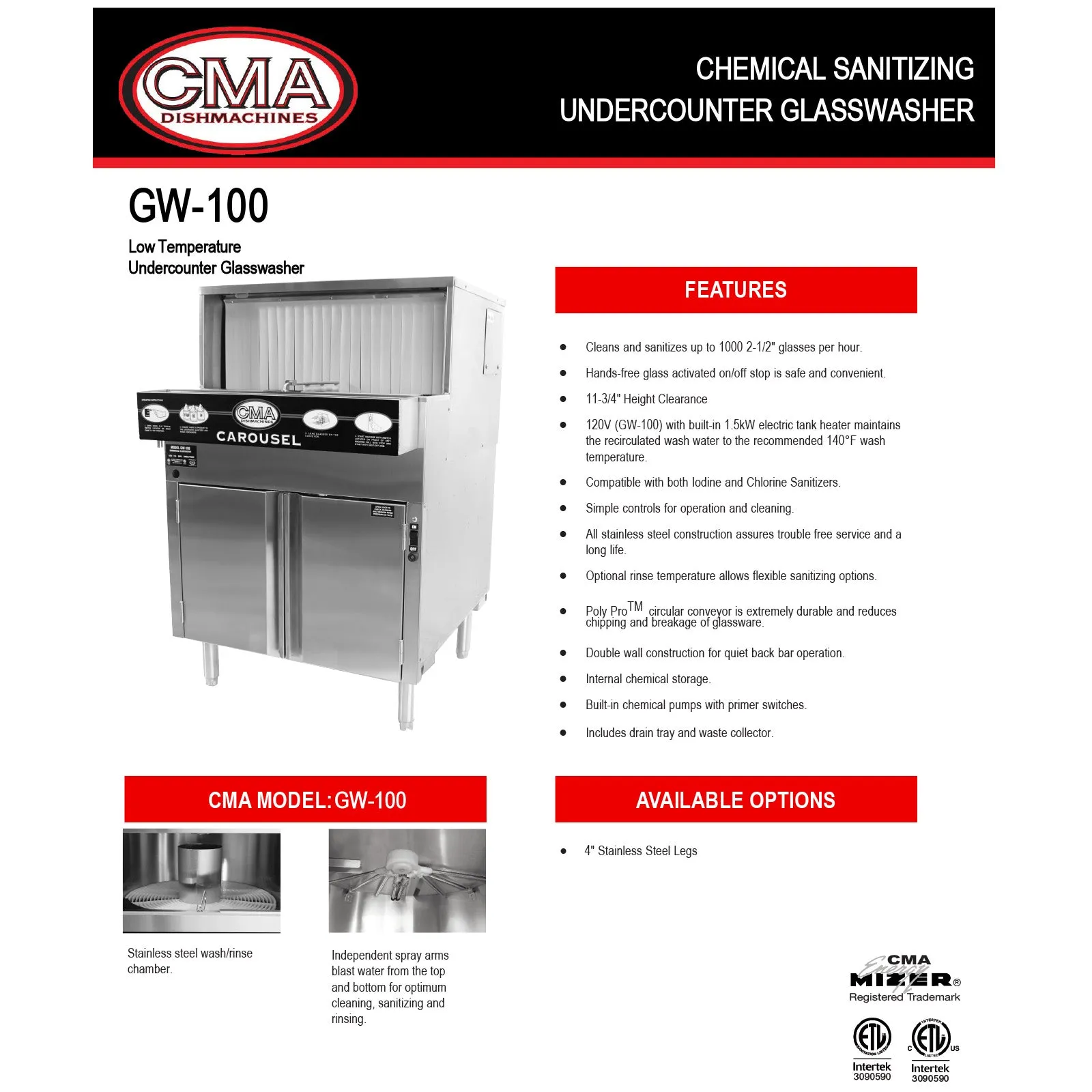 CMA Low Temp Under Counter Glasswasher with 1.25 kW Electric Tank Heater & Circular Conveyor