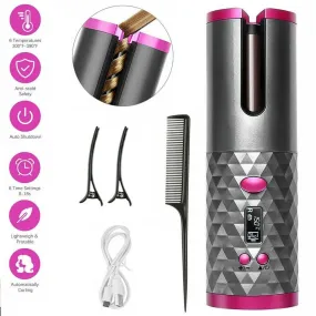 Cordless Electric Hair Curler with LCD Display - USB Rechargeable, Automatic Rotating