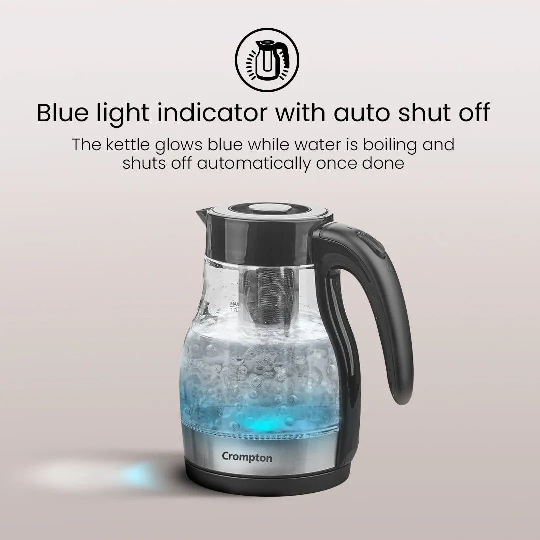 Crompton Deluxehot Glass Electric Kettle with Removable Infuser | 1.7 Litres