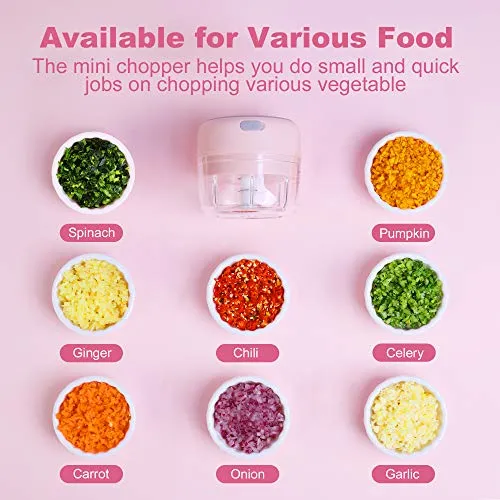 DAHOKO Electric Mini Garlic Chopper [Portable, Wireless, 100ml] Mini Electric Chopper with Spoon, Electric Food Chopper Tool, Mini Chopper for Mashing Onion, Garlic, Chili, Peppers, Nuts(Pink)