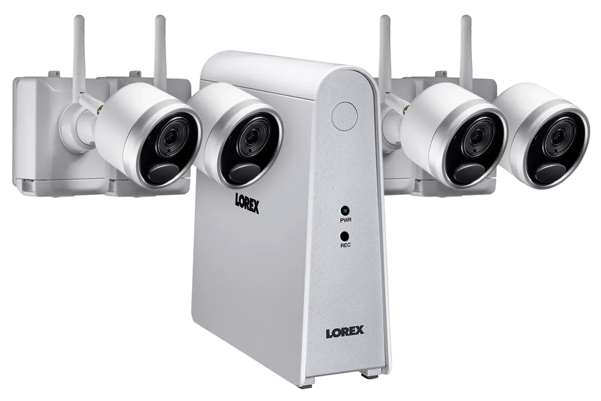 DEAL OF THE DAY! 1080p Wire Free Camera System with Four Battery-Powered White Cameras, 65ft Night Vision, Two-Way Audio