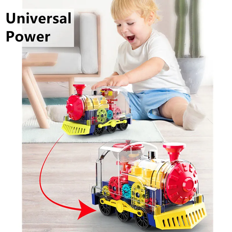 Electric Transparent Gear Toy Rotating Walking Train For Babies