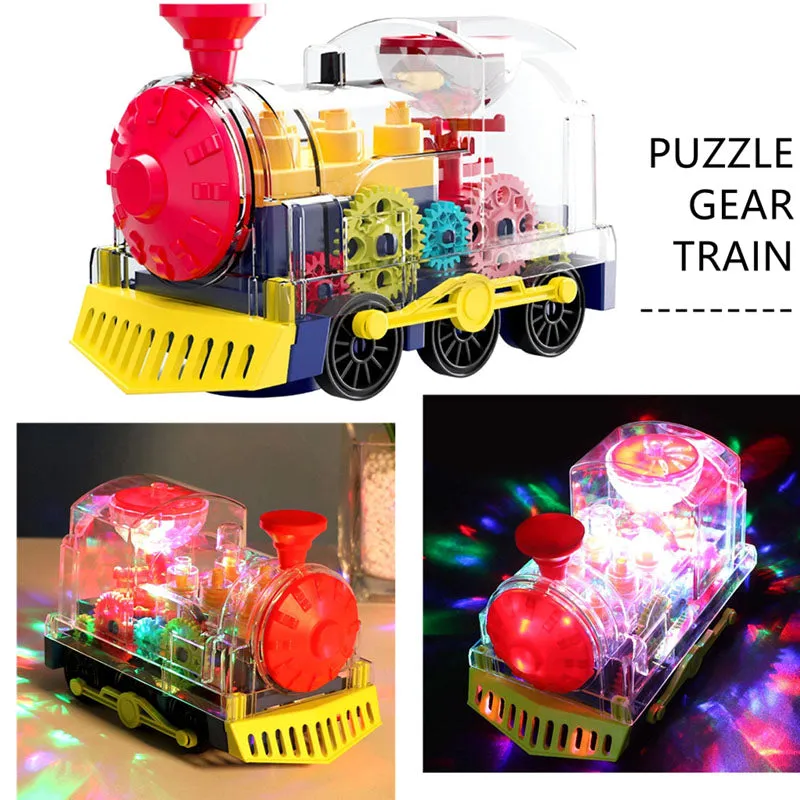 Electric Transparent Gear Toy Rotating Walking Train For Babies