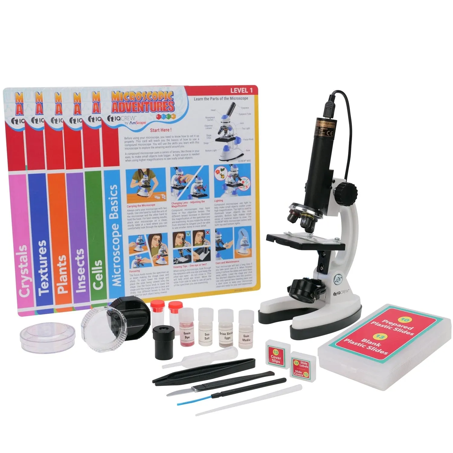 IQCrew By AmScope 85  piece Kid's Premium Compound Microscope, Color Camera and Interactive Kid's Software Kit with Educational Experiment Cards New Lower Price