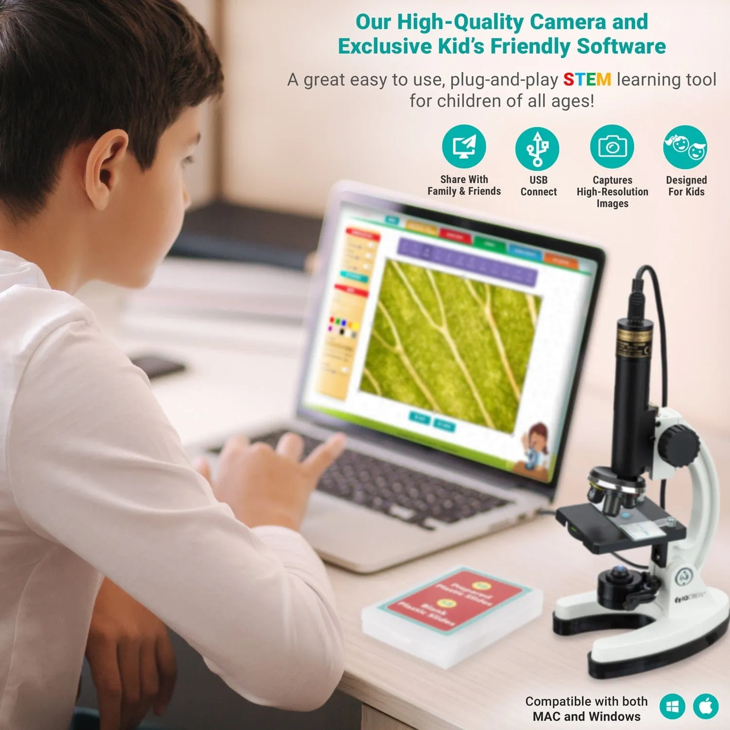 IQCrew By AmScope 85  piece Kid's Premium Compound Microscope, Color Camera and Interactive Kid's Software Kit with Educational Experiment Cards New Lower Price