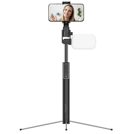 Promate Smart Selfie Monopod Stand with LED Light, Includes Remote Controller, 360 Degree Rotation Gimbal, Built-in Tripod Stand, Colour