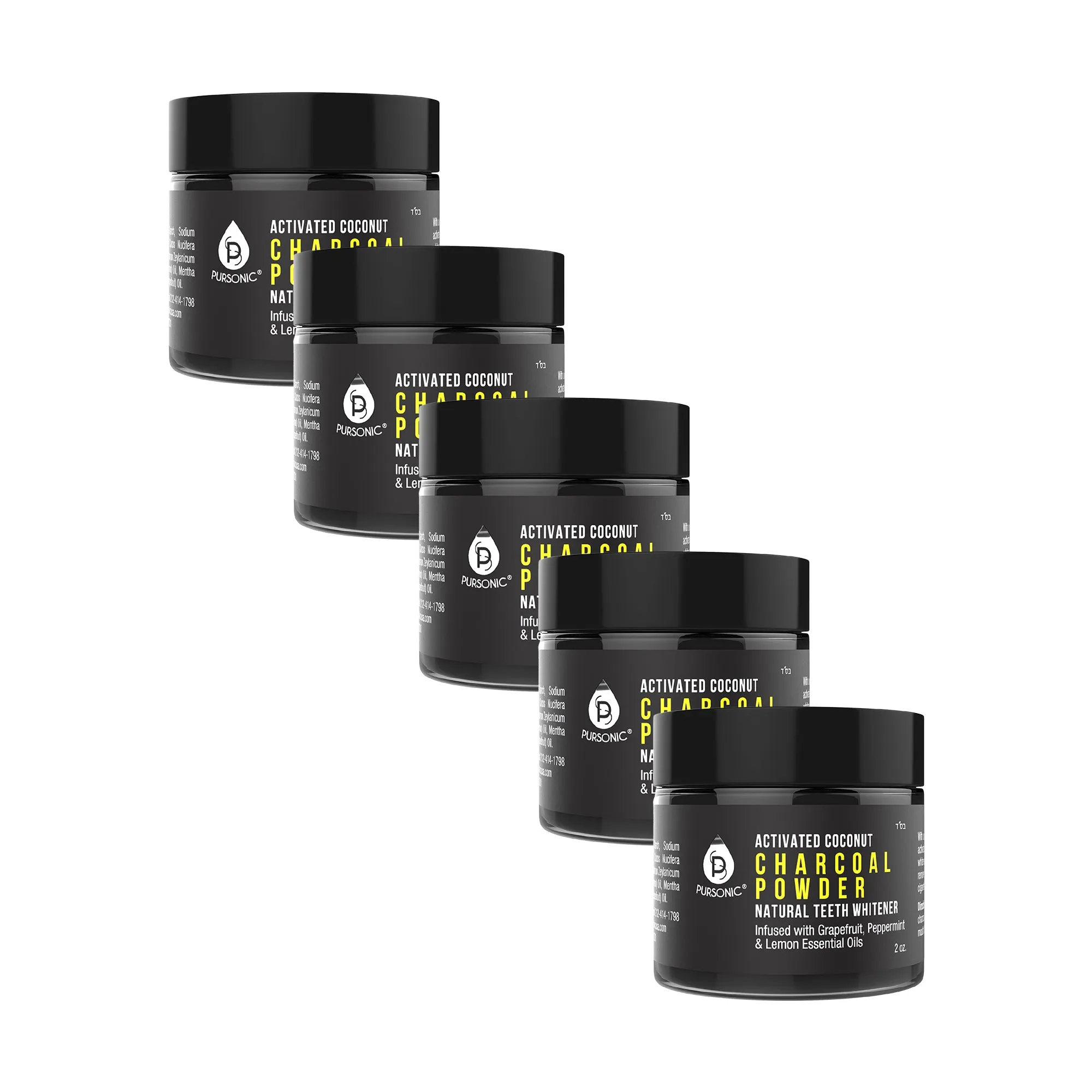 Pursonic Teeth Whitening Charcoal Powder Natural 5-Pack - Infused With Grapefruit, Peppermint & Lemon Essential Oils - 2oz Each