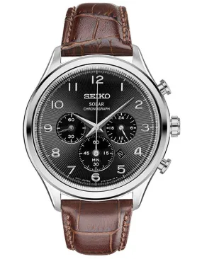 Seiko Mens Solar Chronograph - Black Sunray Dial - Stainless - Brown Leather