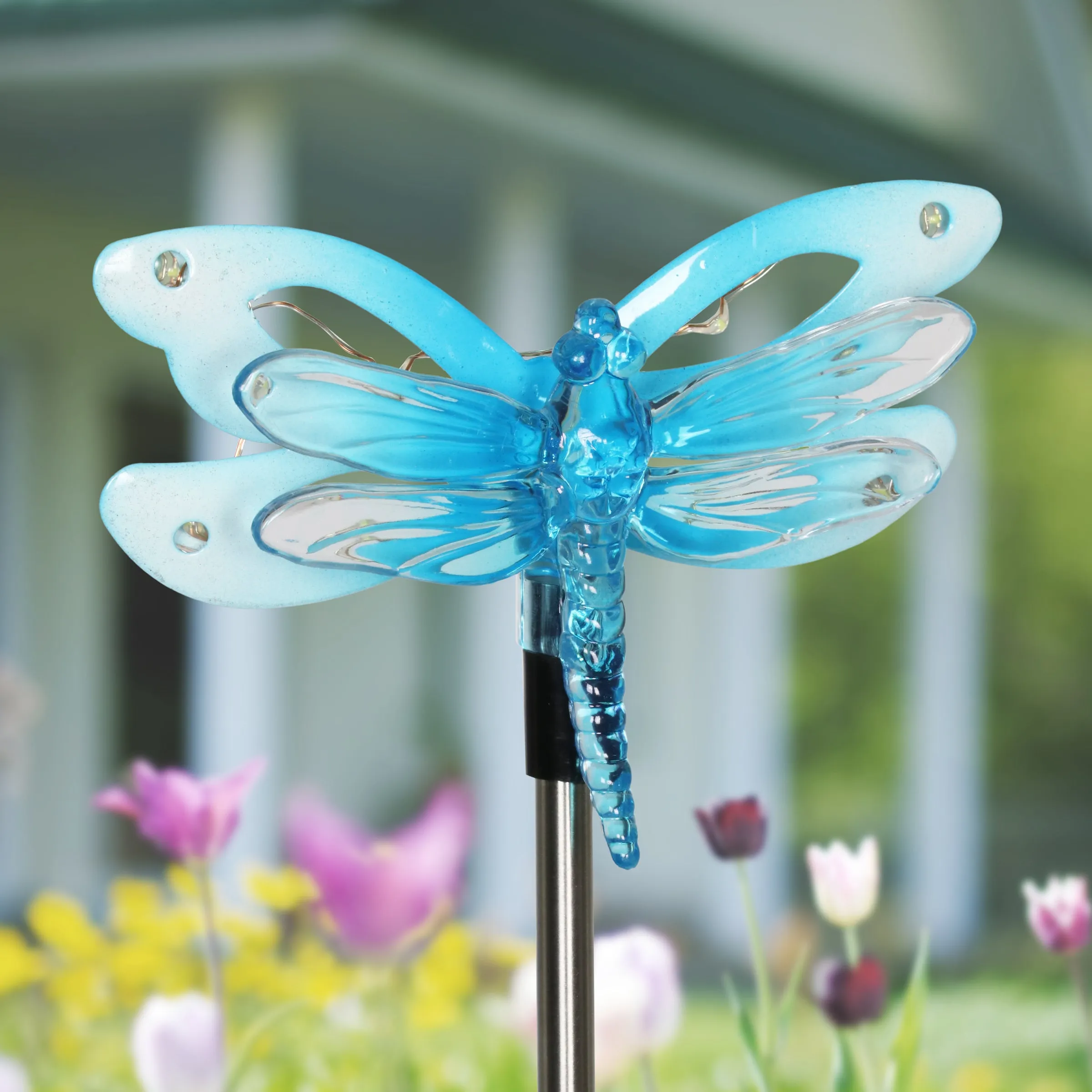 Solar Acrylic and Metal Blue Dragonfly Garden Stake with Twelve LED Lights, 4 by 34 Inches