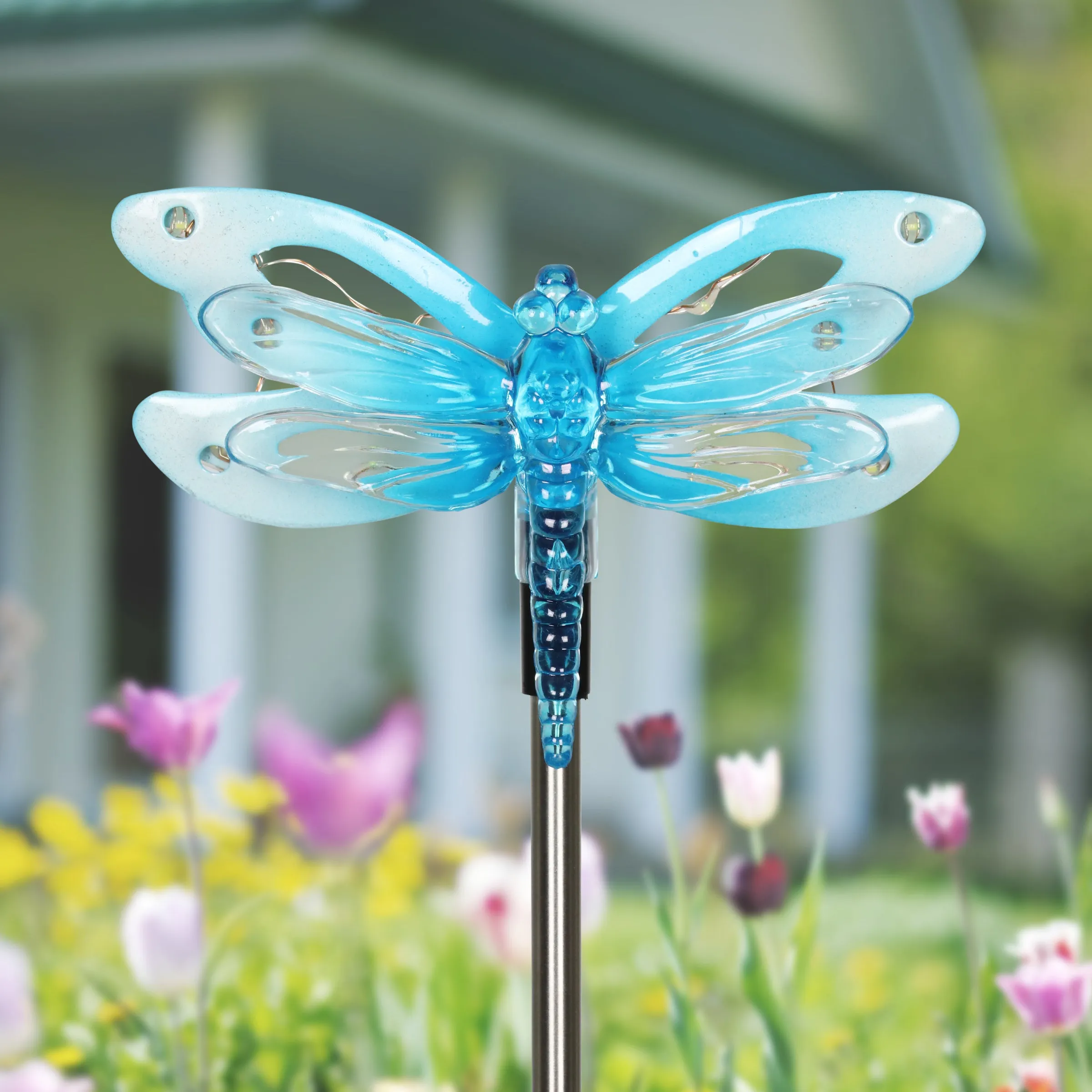 Solar Acrylic and Metal Blue Dragonfly Garden Stake with Twelve LED Lights, 4 by 34 Inches