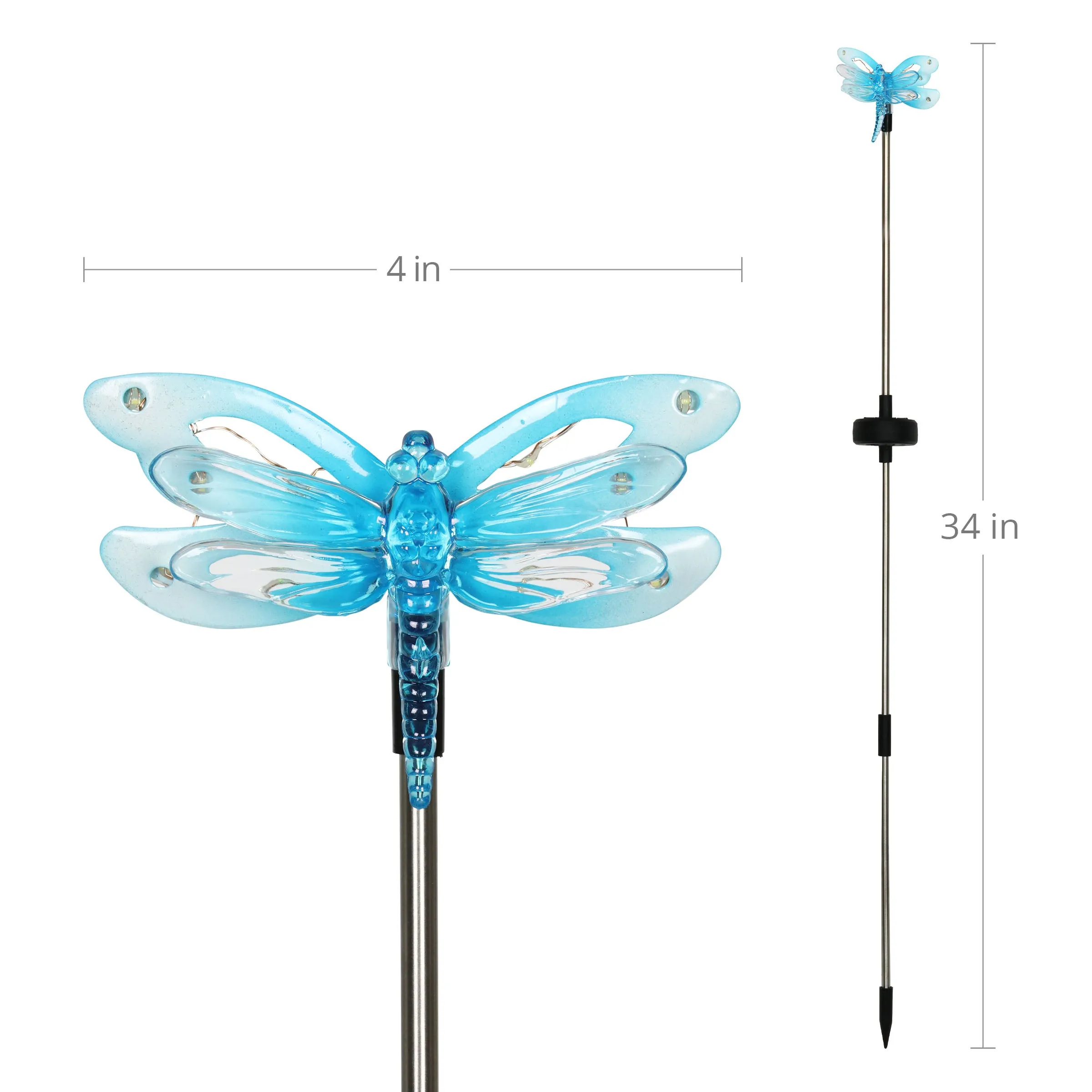 Solar Acrylic and Metal Blue Dragonfly Garden Stake with Twelve LED Lights, 4 by 34 Inches