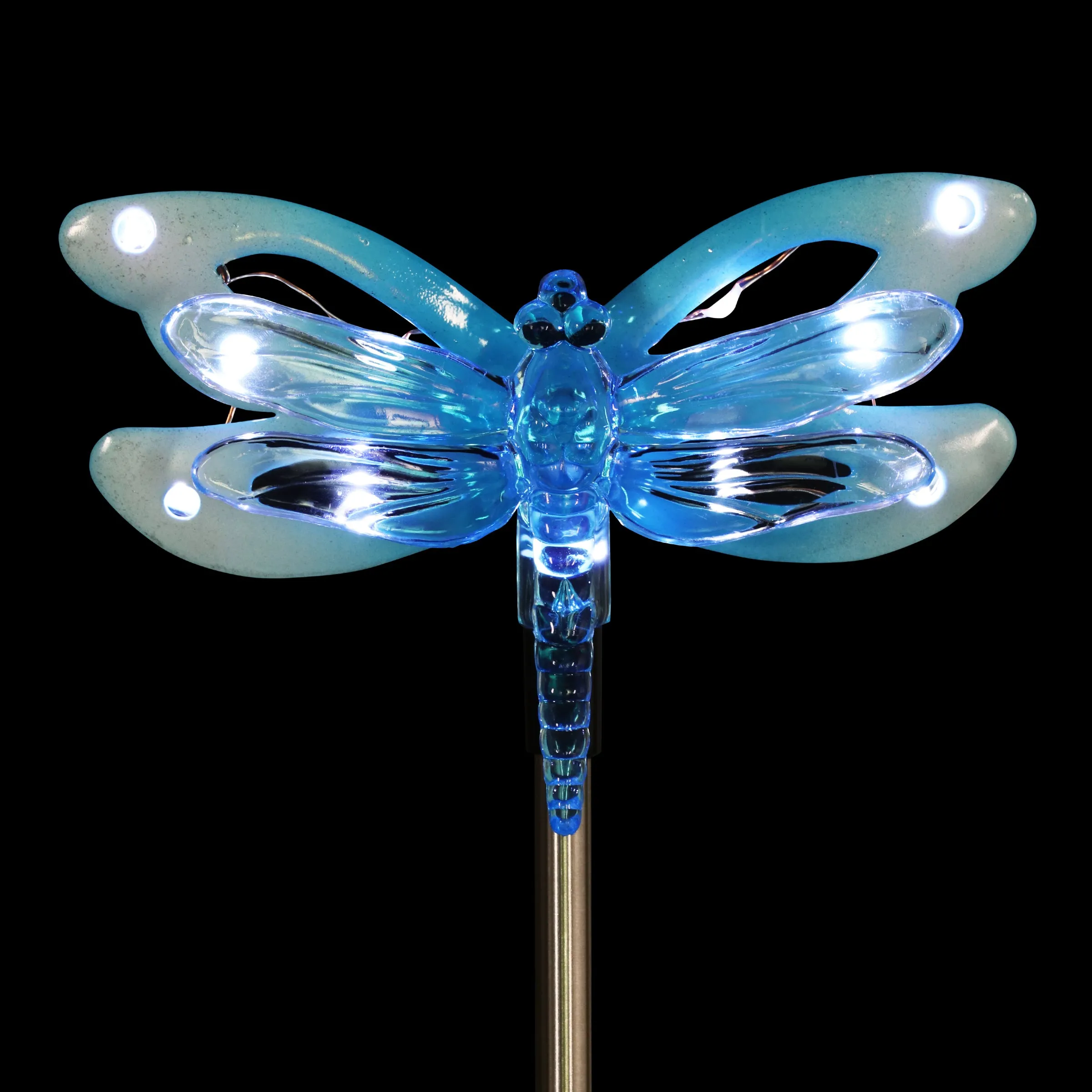 Solar Acrylic and Metal Blue Dragonfly Garden Stake with Twelve LED Lights, 4 by 34 Inches