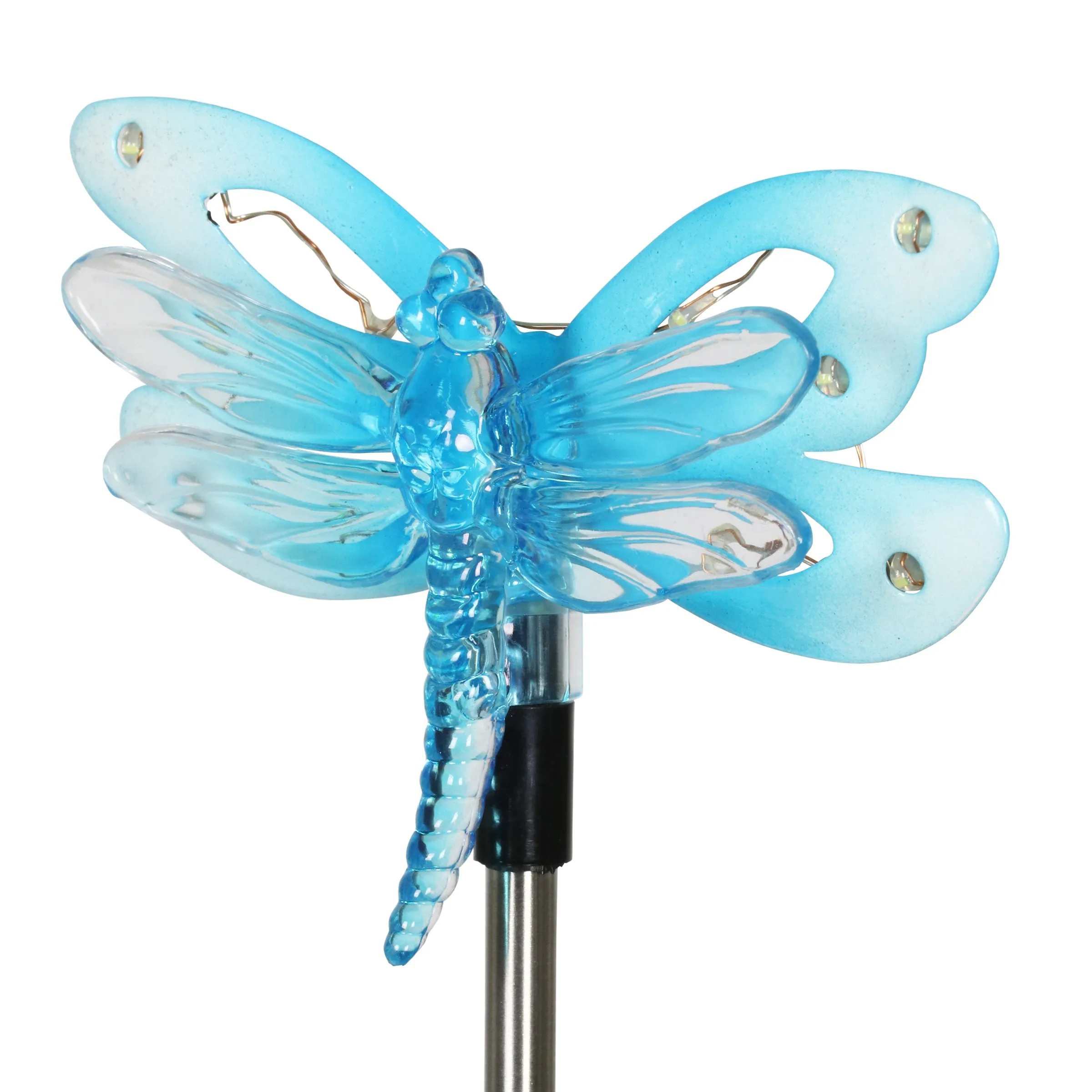 Solar Acrylic and Metal Blue Dragonfly Garden Stake with Twelve LED Lights, 4 by 34 Inches