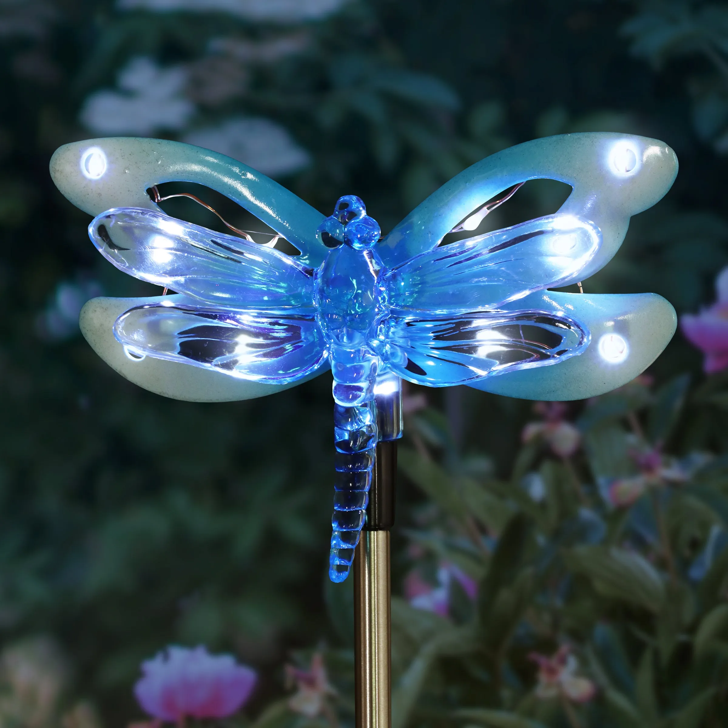 Solar Acrylic and Metal Blue Dragonfly Garden Stake with Twelve LED Lights, 4 by 34 Inches