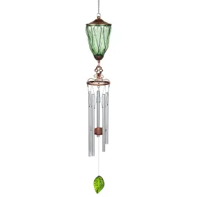 Solar Metal Wire and Glass Wind Chime in Green with Looping Pattern and Nine LED Fairy Firefly String Lights, 6  by 32 Inches