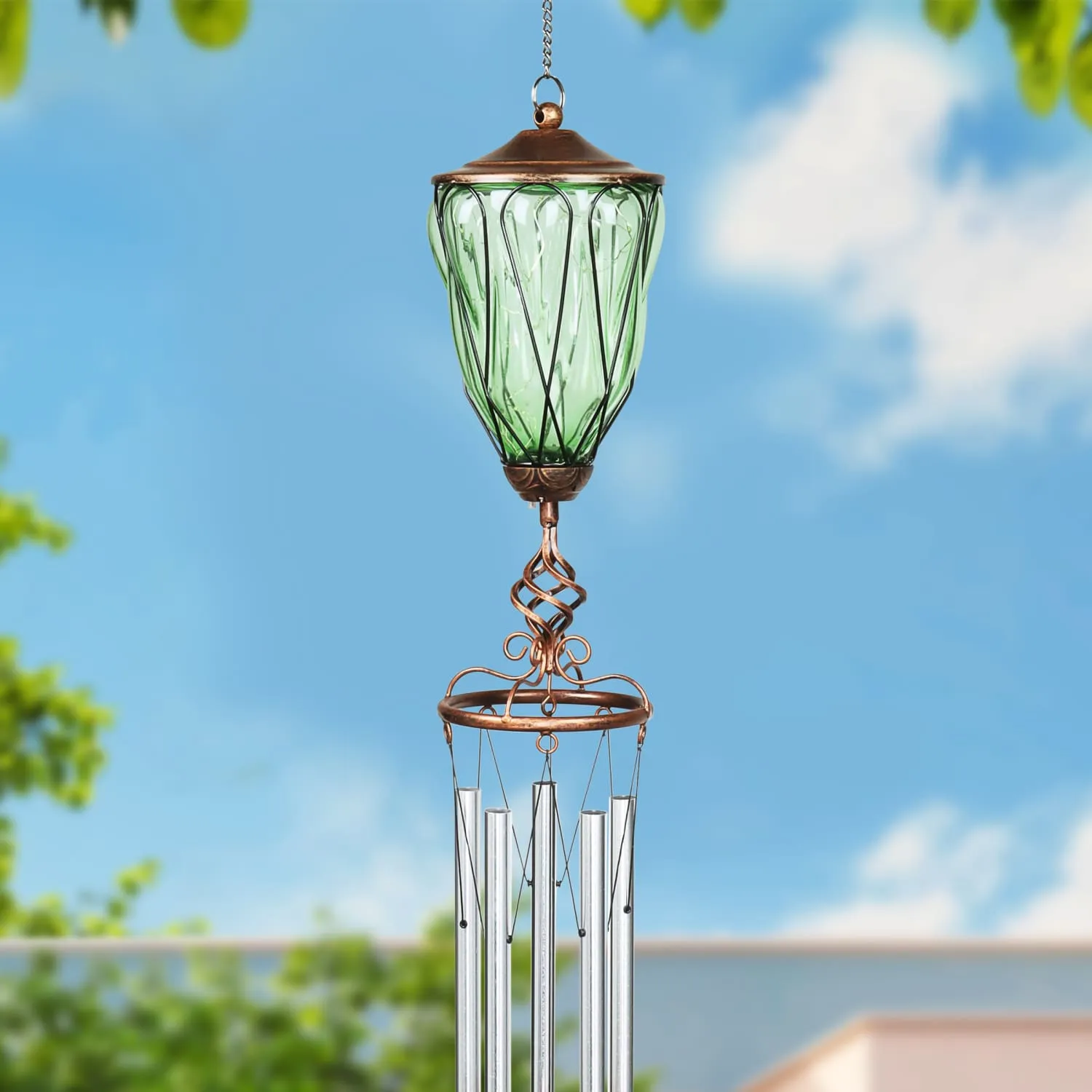 Solar Metal Wire and Glass Wind Chime in Green with Looping Pattern and Nine LED Fairy Firefly String Lights, 6  by 32 Inches