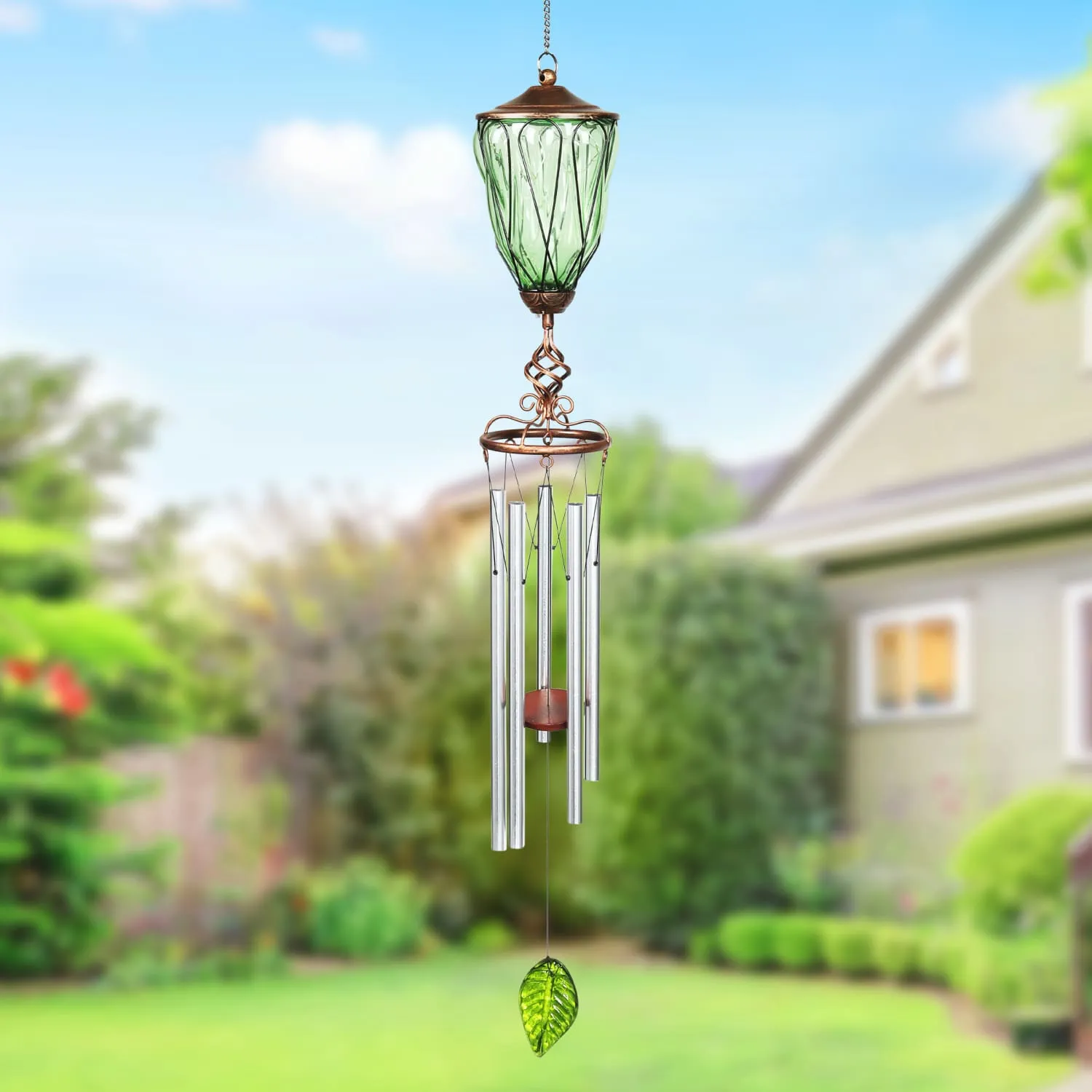 Solar Metal Wire and Glass Wind Chime in Green with Looping Pattern and Nine LED Fairy Firefly String Lights, 6  by 32 Inches