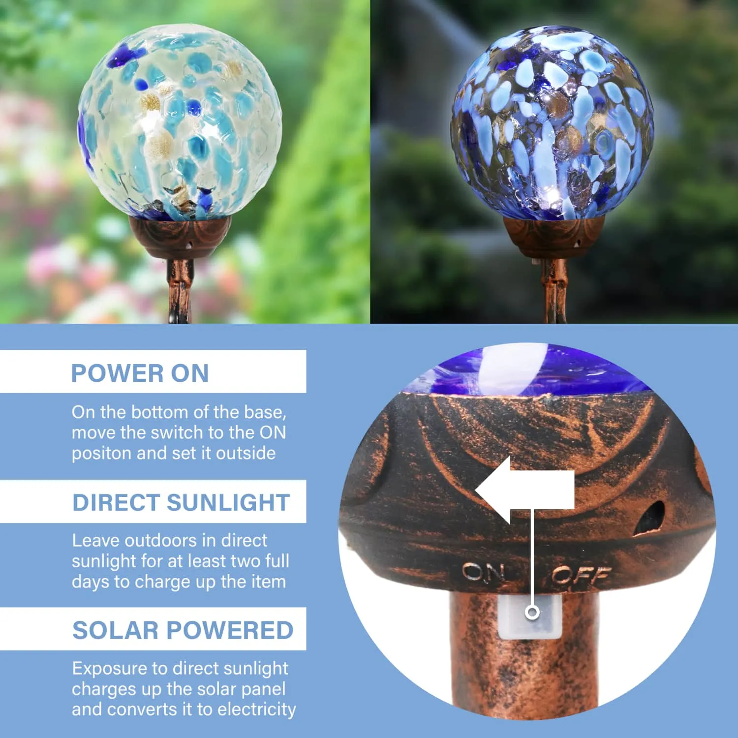 Solar Pearlized Honeycomb Glass Ball Garden Stake with Metal Finial in Light Blue, 4 by 31 Inches