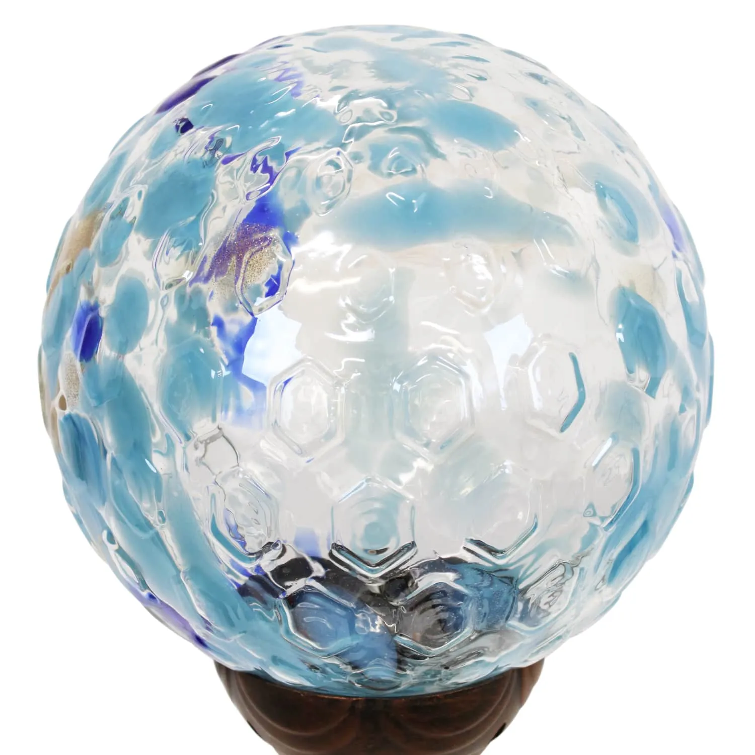 Solar Pearlized Honeycomb Glass Ball Garden Stake with Metal Finial in Light Blue, 4 by 31 Inches