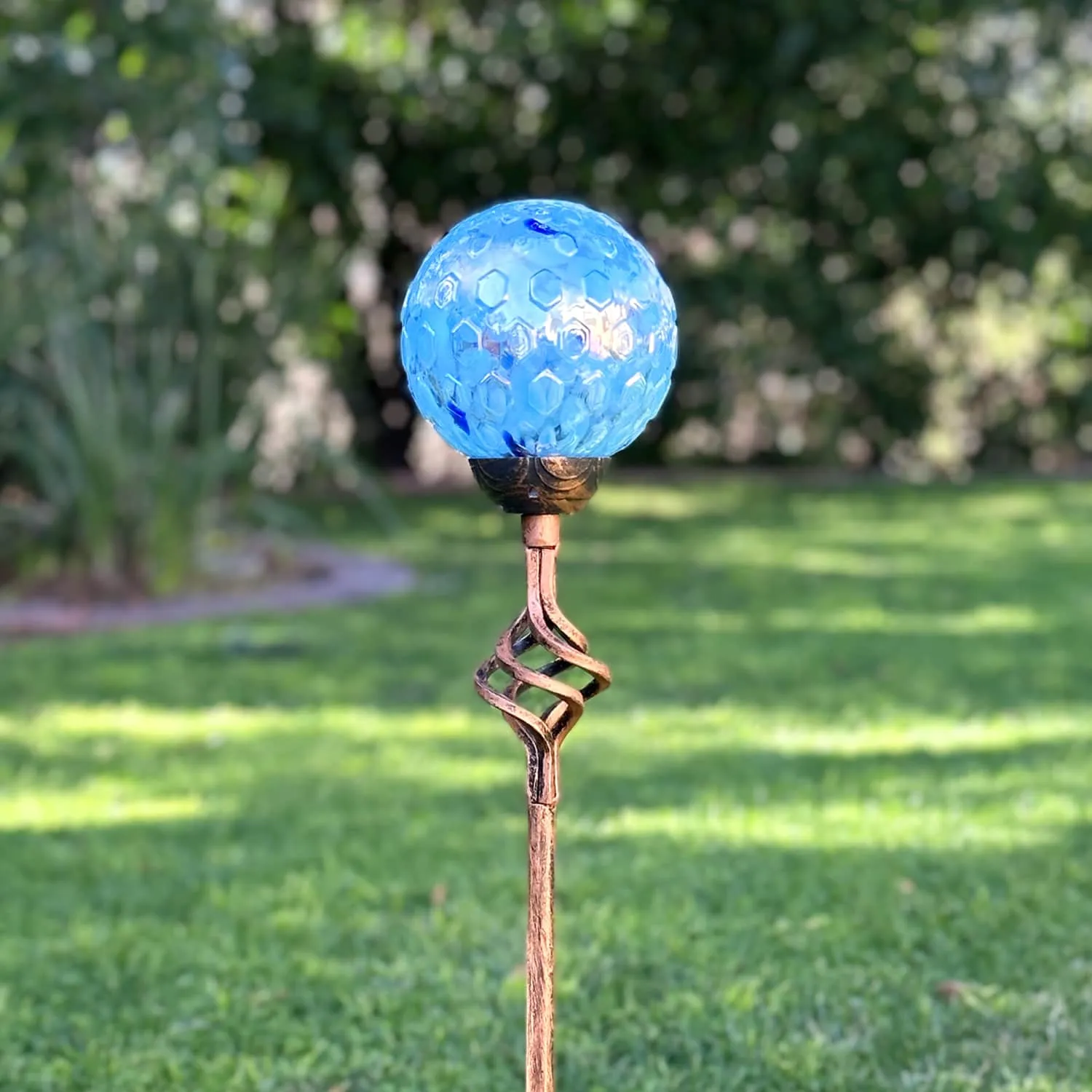 Solar Pearlized Honeycomb Glass Ball Garden Stake with Metal Finial in Light Blue, 4 by 31 Inches