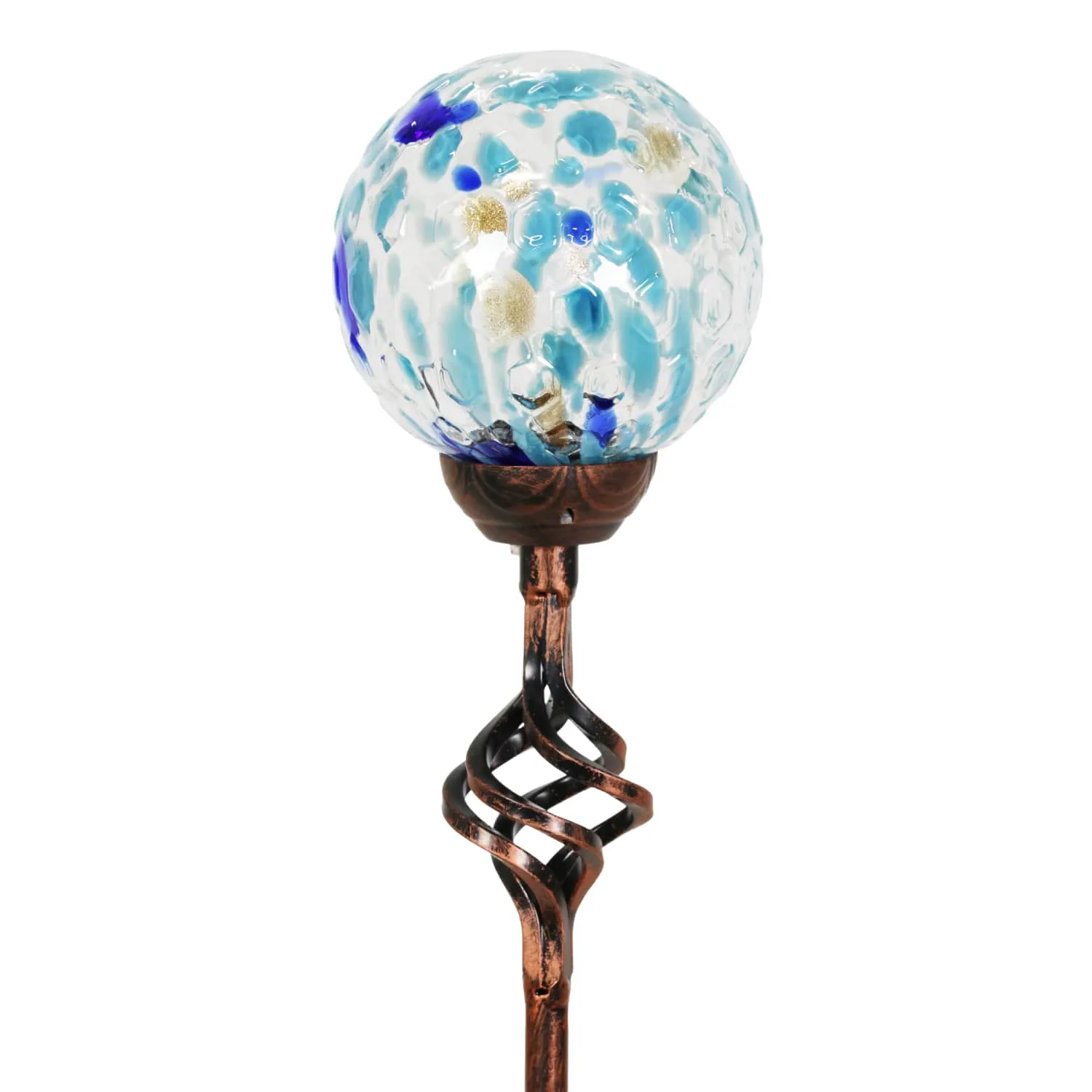 Solar Pearlized Honeycomb Glass Ball Garden Stake with Metal Finial in Light Blue, 4 by 31 Inches