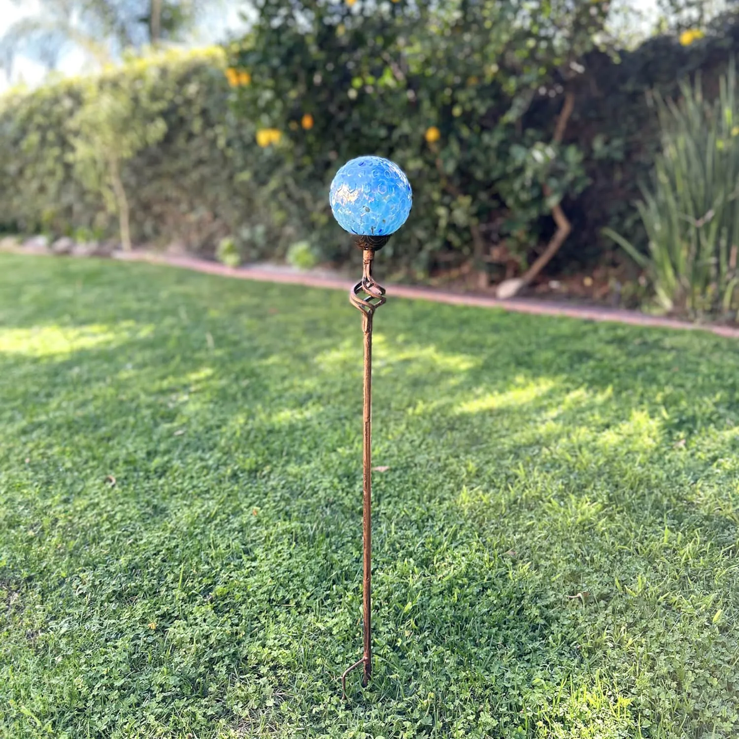 Solar Pearlized Honeycomb Glass Ball Garden Stake with Metal Finial in Light Blue, 4 by 31 Inches