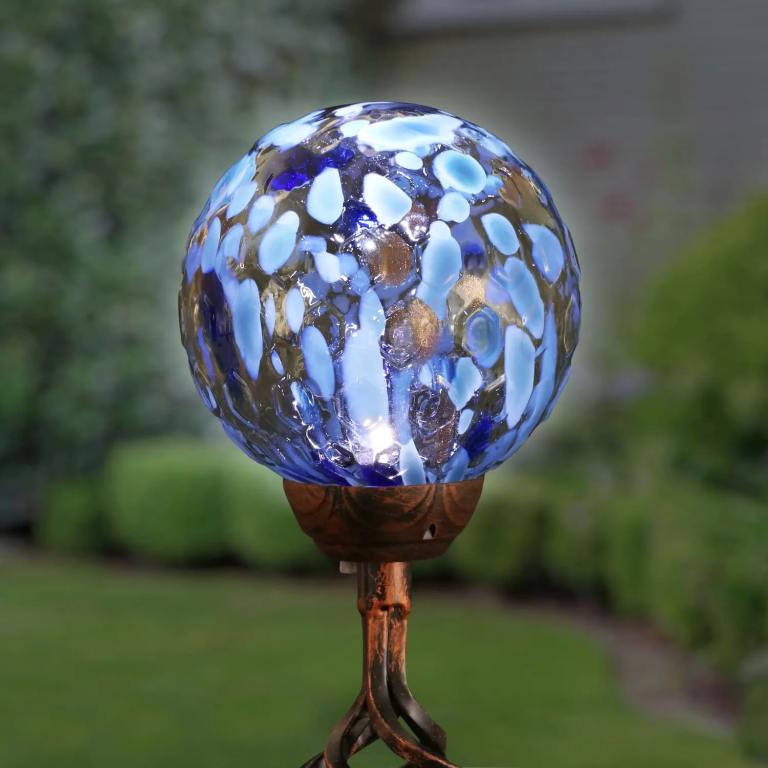 Solar Pearlized Honeycomb Glass Ball Garden Stake with Metal Finial in Light Blue, 4 by 31 Inches