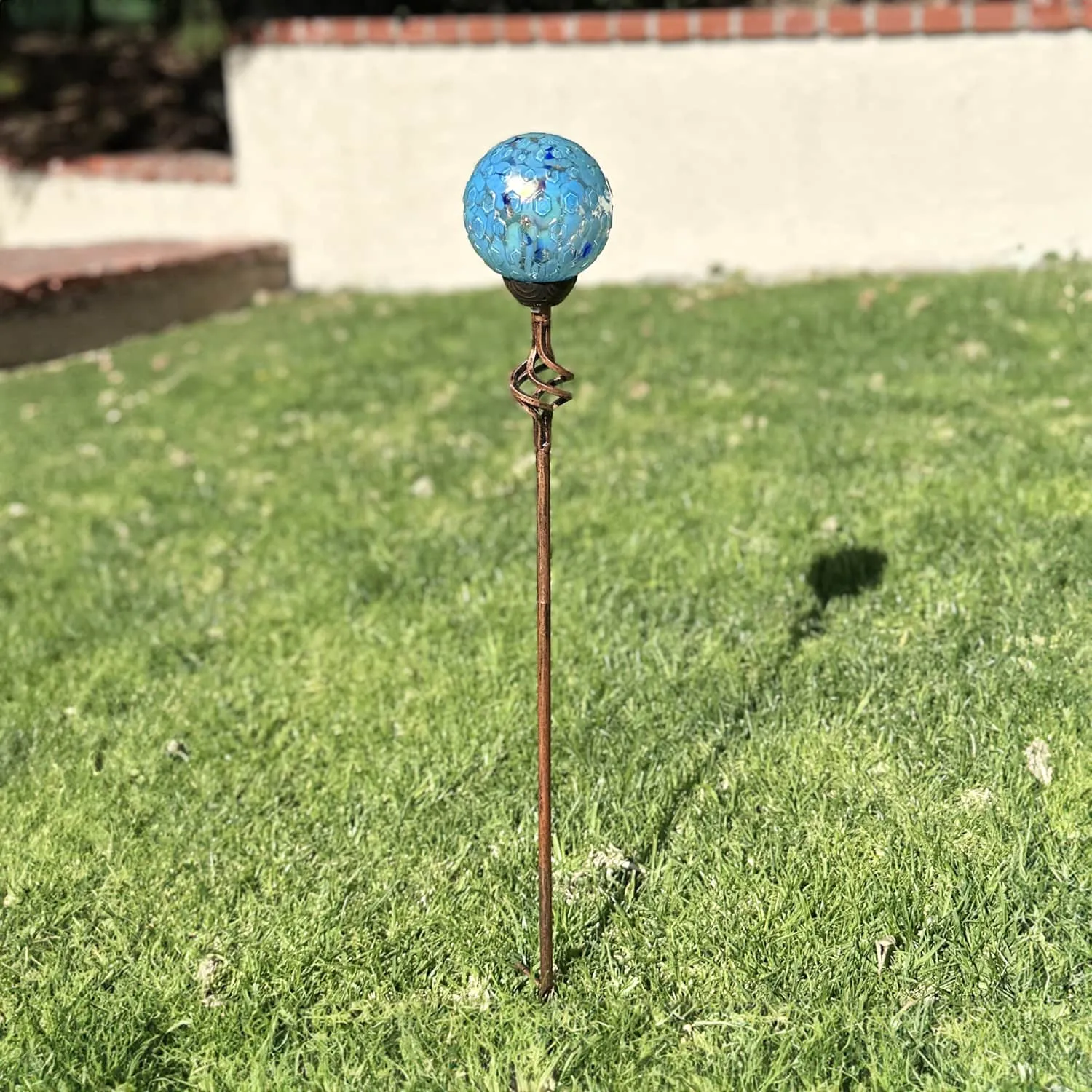 Solar Pearlized Honeycomb Glass Ball Garden Stake with Metal Finial in Light Blue, 4 by 31 Inches