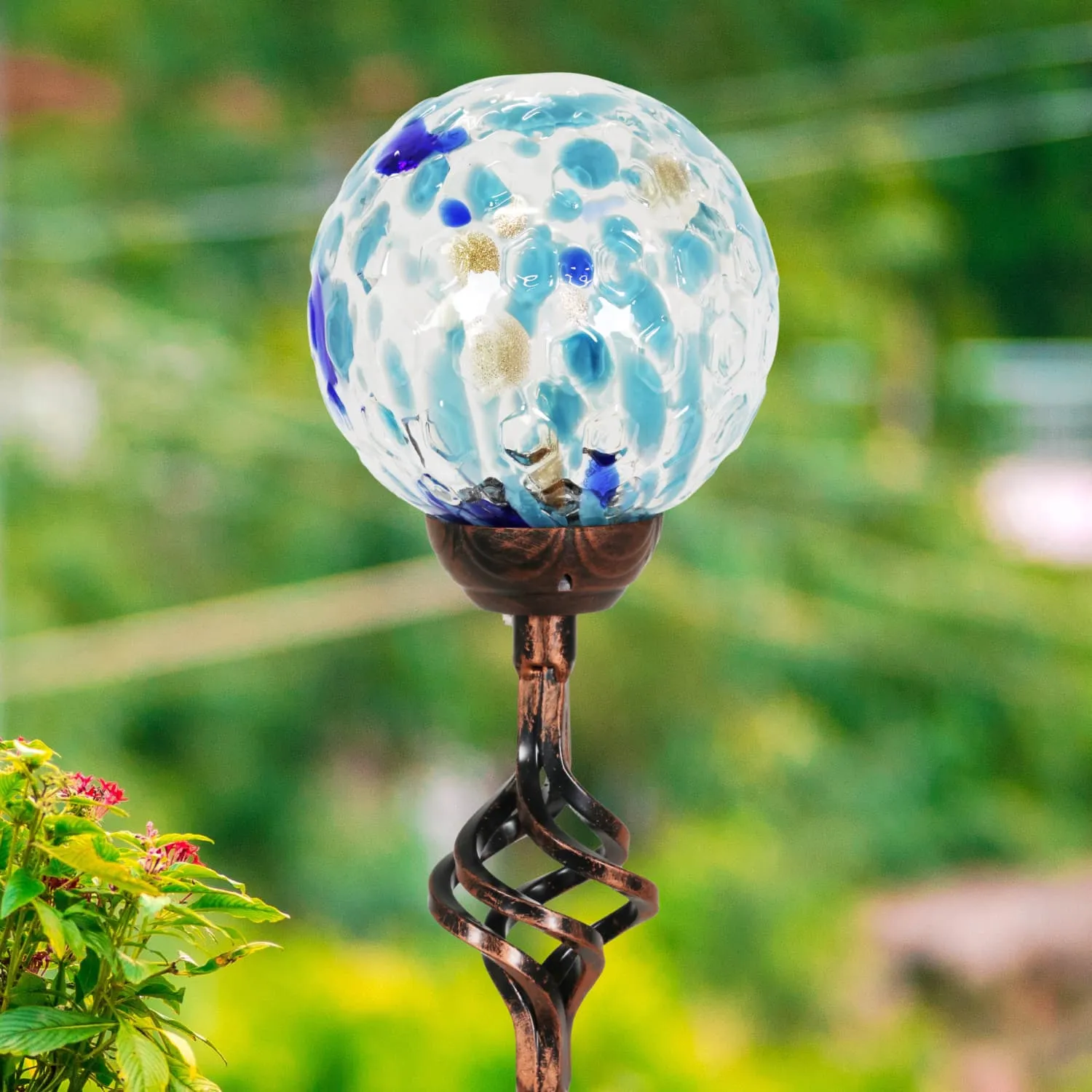 Solar Pearlized Honeycomb Glass Ball Garden Stake with Metal Finial in Light Blue, 4 by 31 Inches