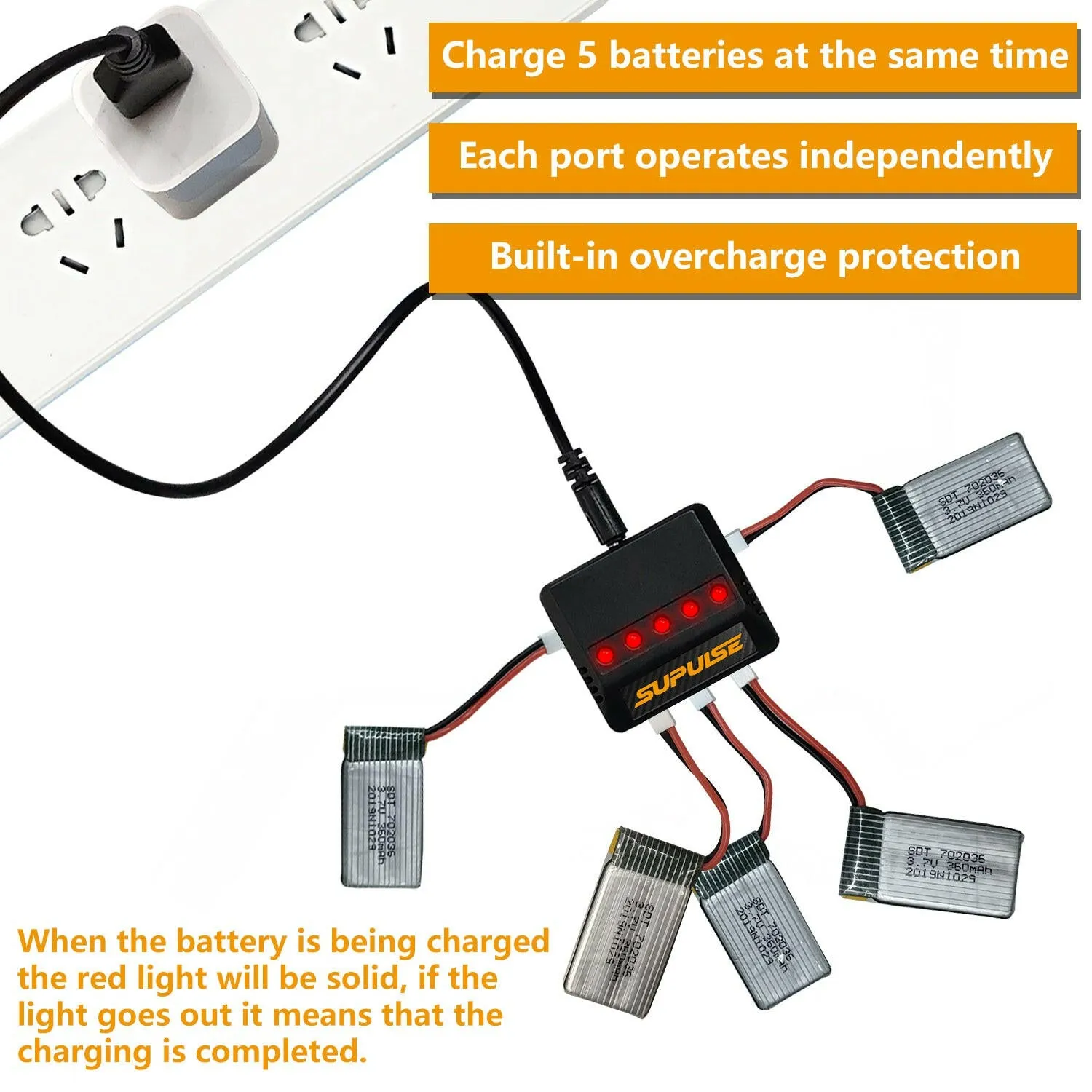 SUPULSE 5 in 1 Lipo Battery Charger 3.7V 1S 1 Cell Micro 5 Ports Compact Charger