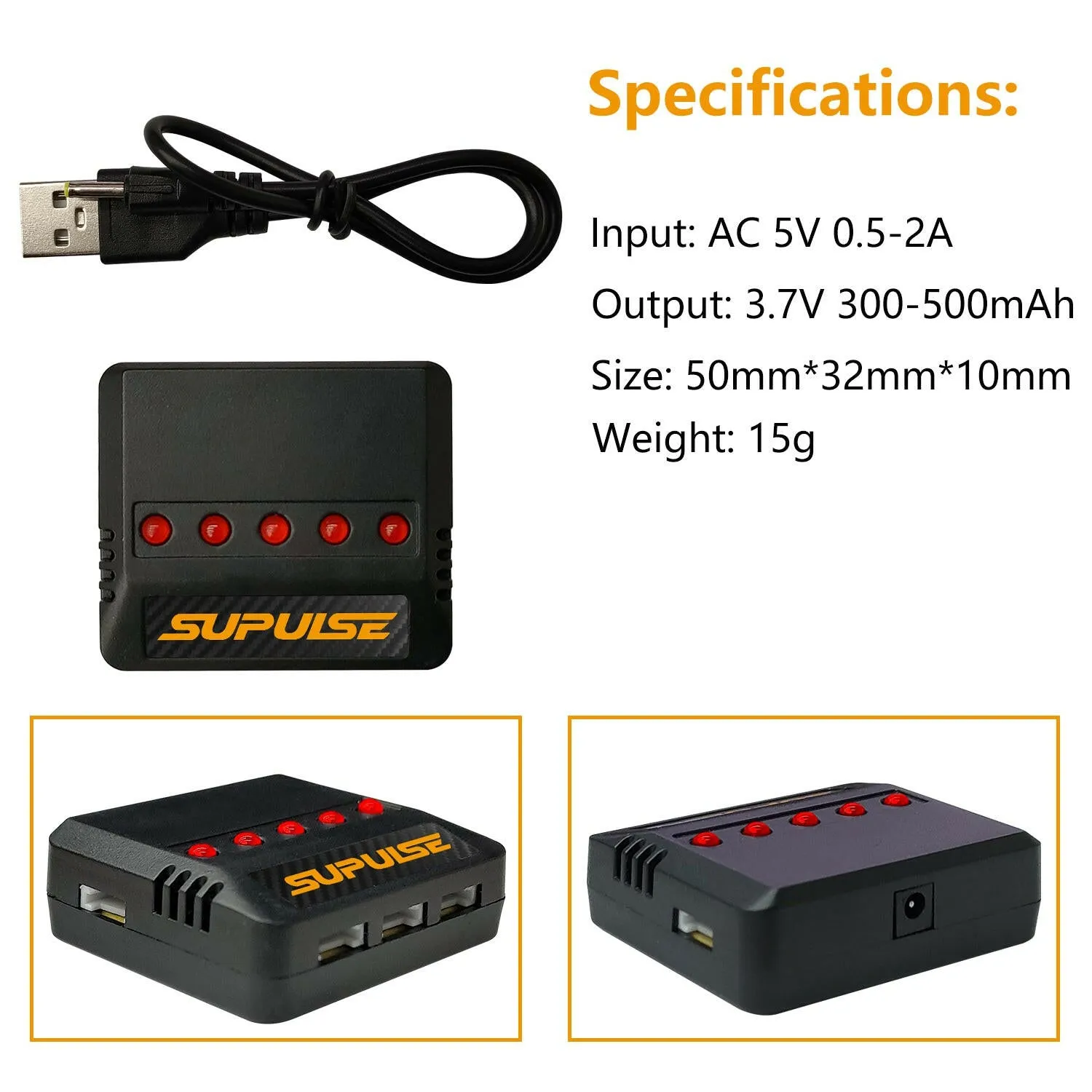 SUPULSE 5 in 1 Lipo Battery Charger 3.7V 1S 1 Cell Micro 5 Ports Compact Charger