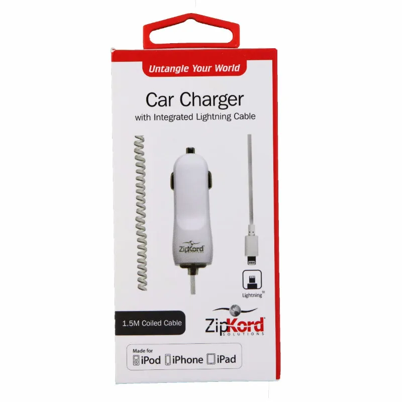 ZipKord 2.4A Coiled Car Charger w/ Apple Connector White iPhone X 8 7